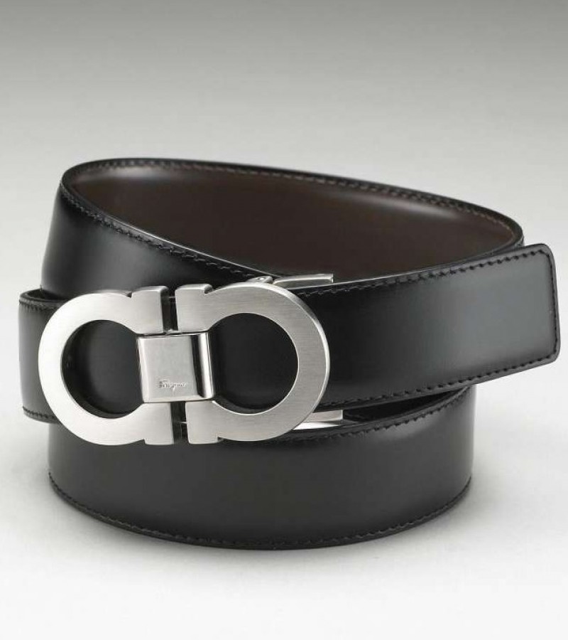 New silver buckle black leather belt for men