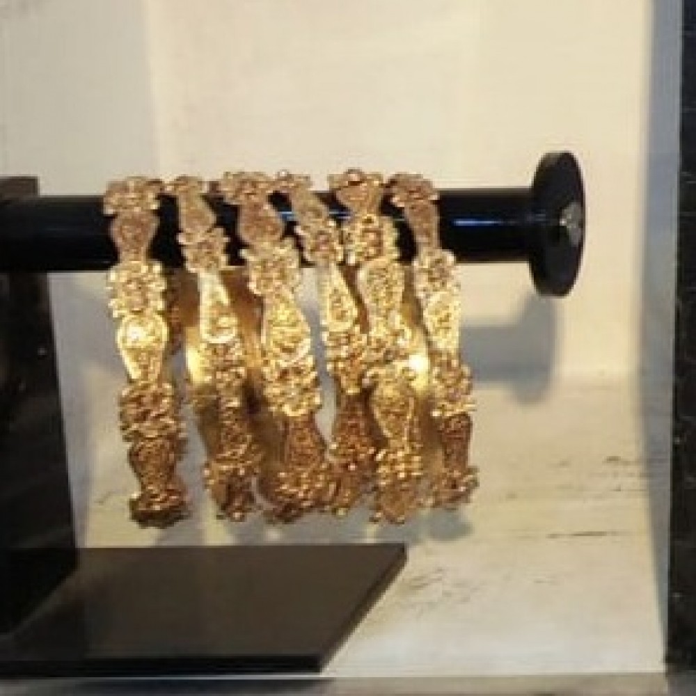 Golden Choker Necklace, Earrings, Bindiya, Jhoomer Jewelry Set & 6 Crystal Bangles - Size-2.4