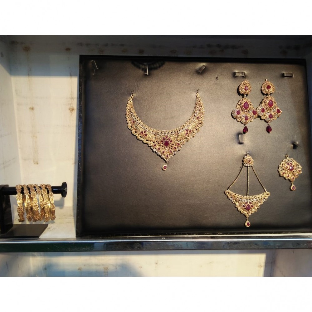 Golden Choker Necklace, Earrings, Bindiya, Jhoomer Jewelry Set & 6 Crystal Bangles - Size-2.4