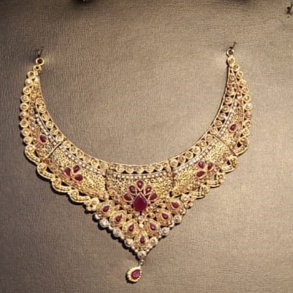 Golden Choker Necklace, Earrings, Bindiya, Jhoomer Jewelry Set & 6 Crystal Bangles - Size-2.4