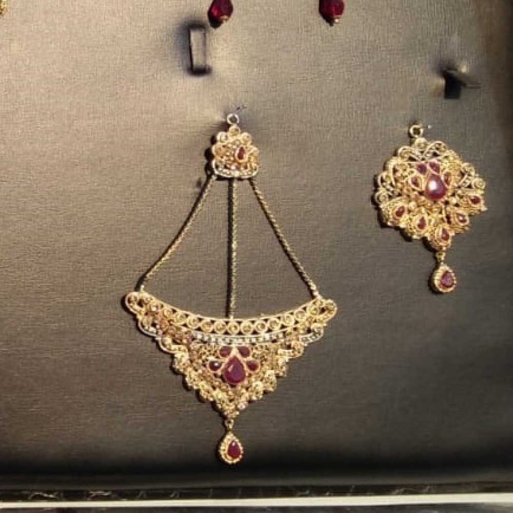 Golden Choker Necklace, Earrings, Bindiya, Jhoomer Jewelry Set & 6 Crystal Bangles - Size-2.4