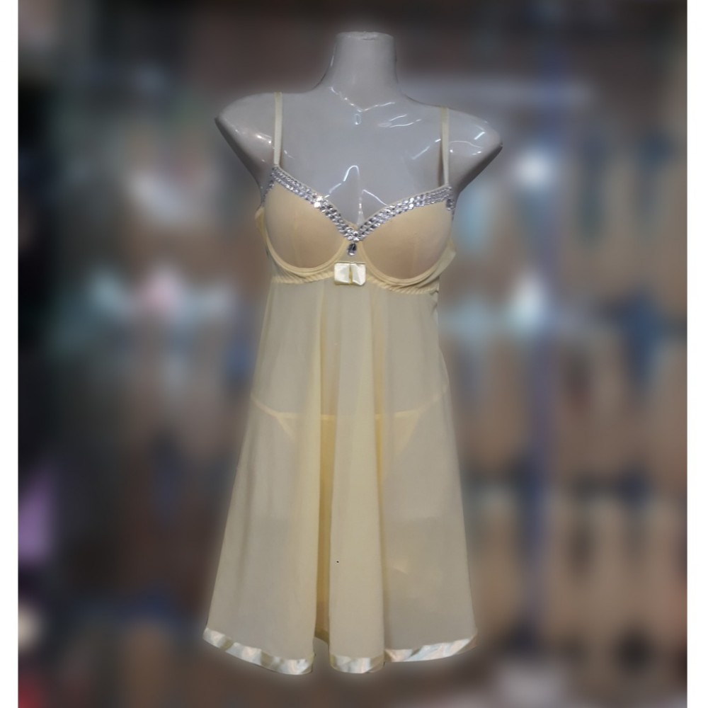 Skin Net Long Nighty, Bra & G-String Pantie for Women - Skin - Regular Size