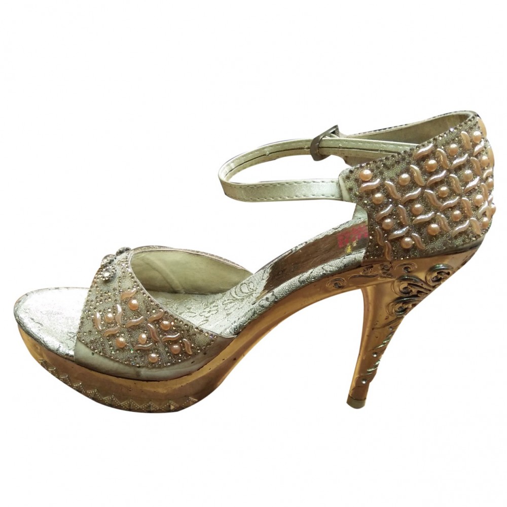 Fancy Partywear Bridal Shoes With High Heels & Pearls For Women - Silver - 9