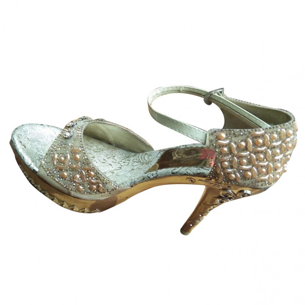 Fancy Partywear Bridal Shoes With High Heels & Pearls For Women - Silver - 9