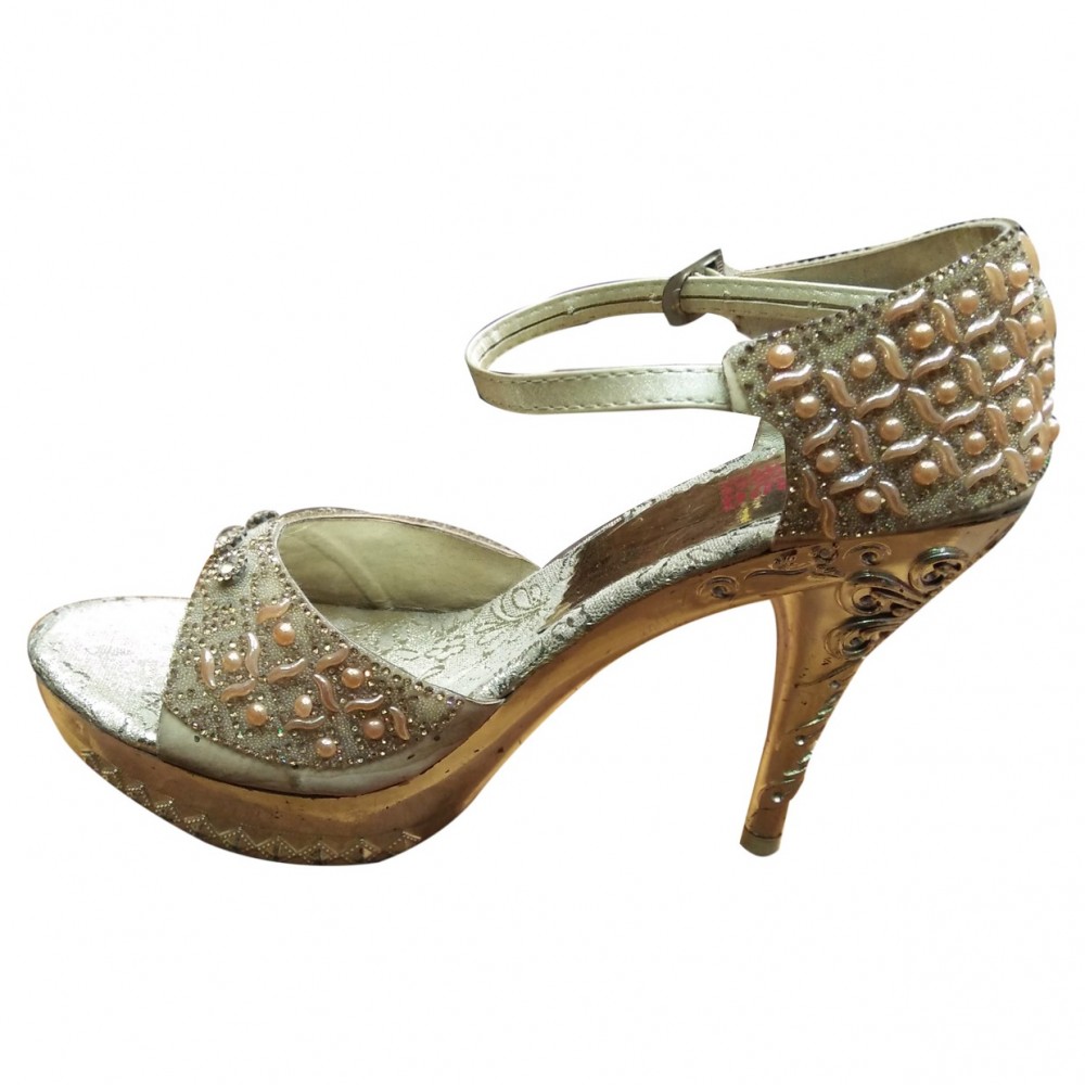 Fancy Partywear Bridal Shoes With High Heels & Pearls For Women - Silver - 9