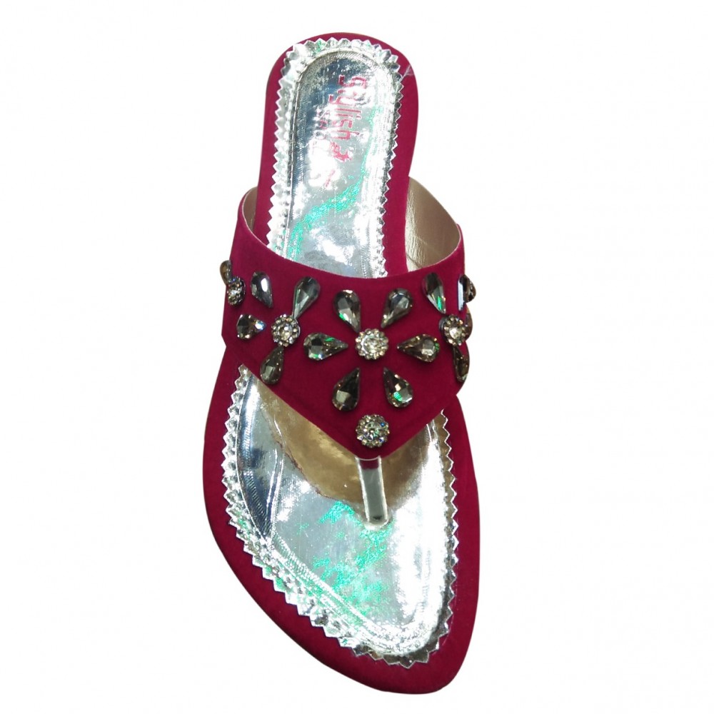 Fancy Partywear Velvet Thumb Shoes for Women - Maroon - 7 To 10