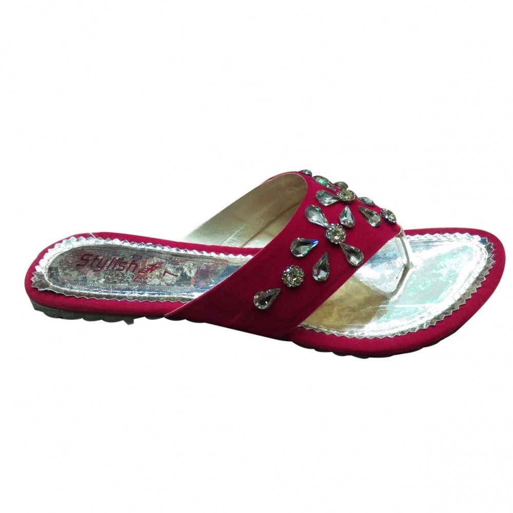 Fancy Partywear Velvet Thumb Shoes for Women - Maroon - 7 To 10