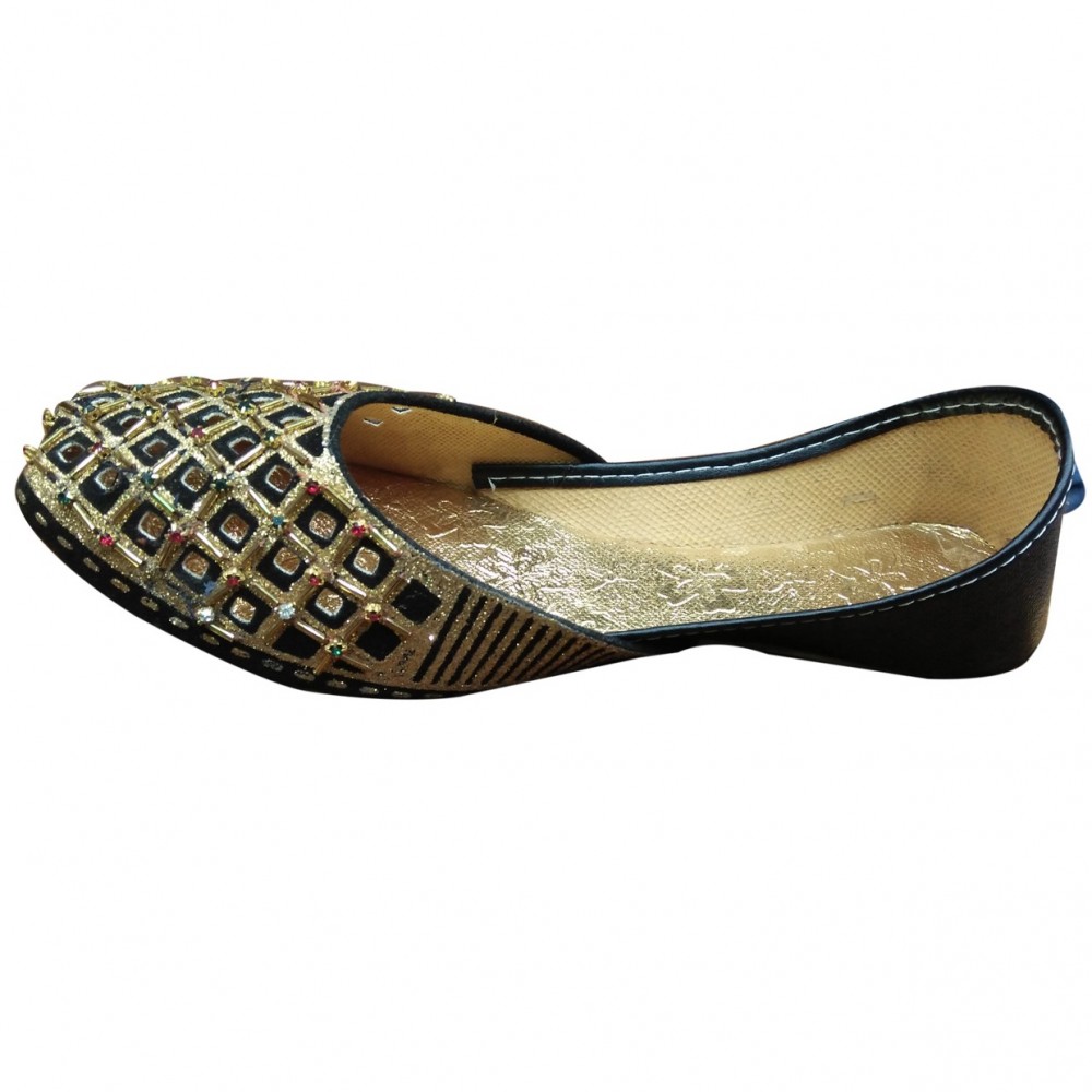 Fancy & Traditional Broach Khussa Shoes For Women - Black & Golden -  8 To 11