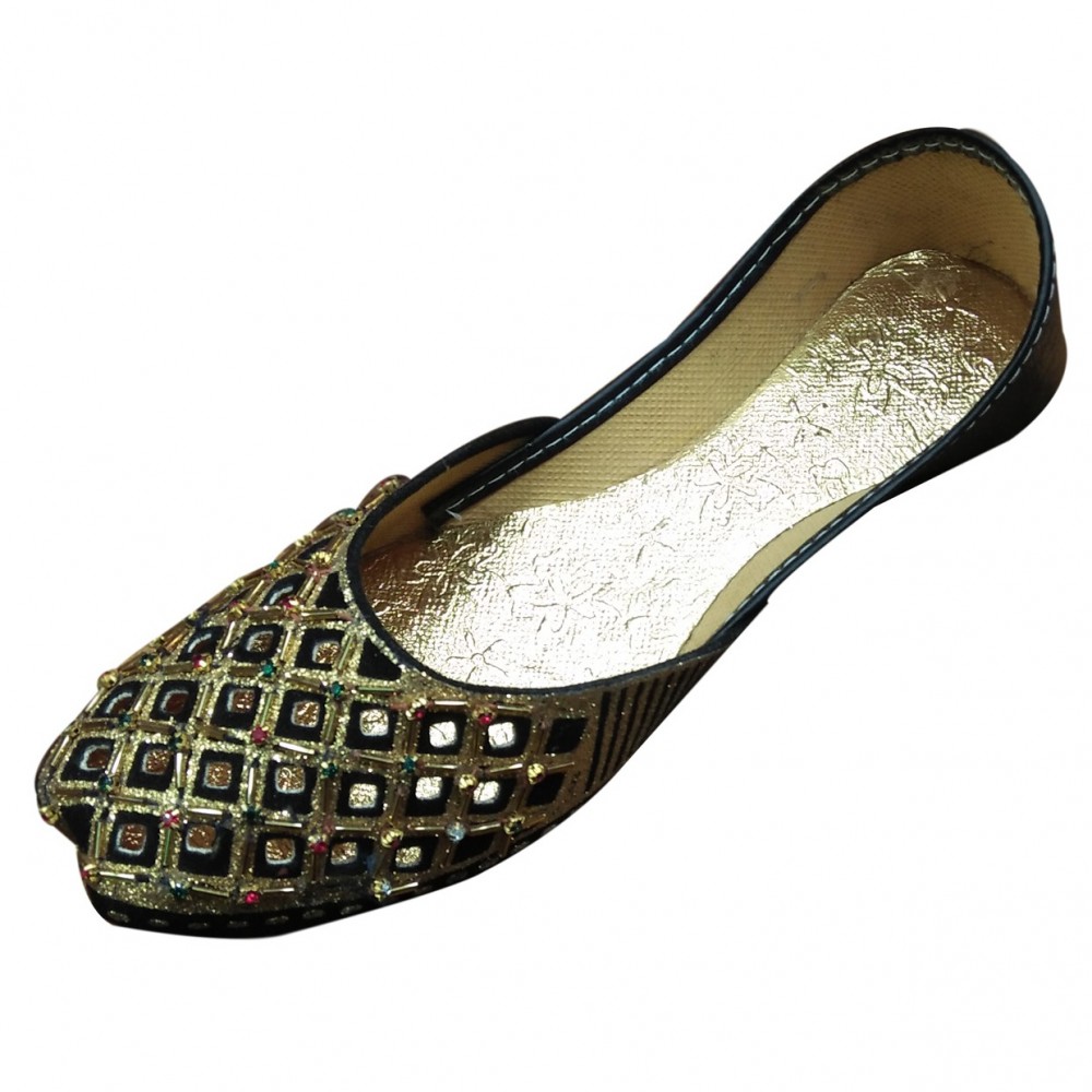 Fancy & Traditional Broach Khussa Shoes For Women - Black & Golden -  8 To 11