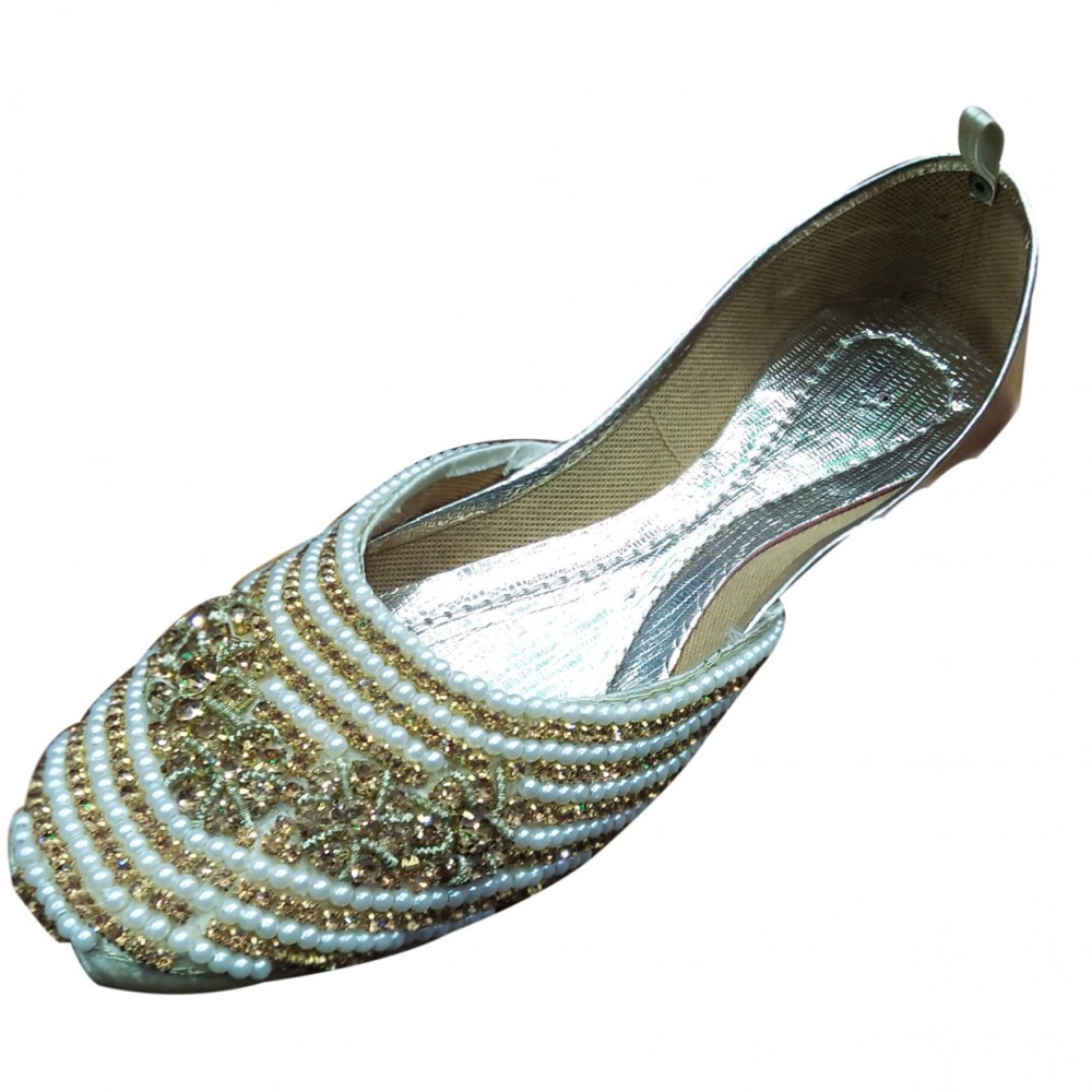 Fancy & Traditional Broach Khussa Shoes With Beautiful Pearls For Women - White & Golden - 6