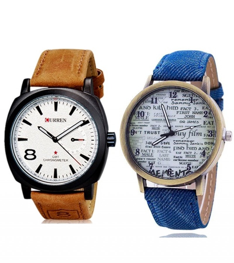 Pack of 2 - Curren Leather & Denim Strap Watch for Unisex - Brown & Blue