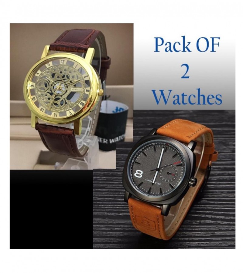 Pack Of 2 Smart Round Style Leather Strap Fashion Watch for Men