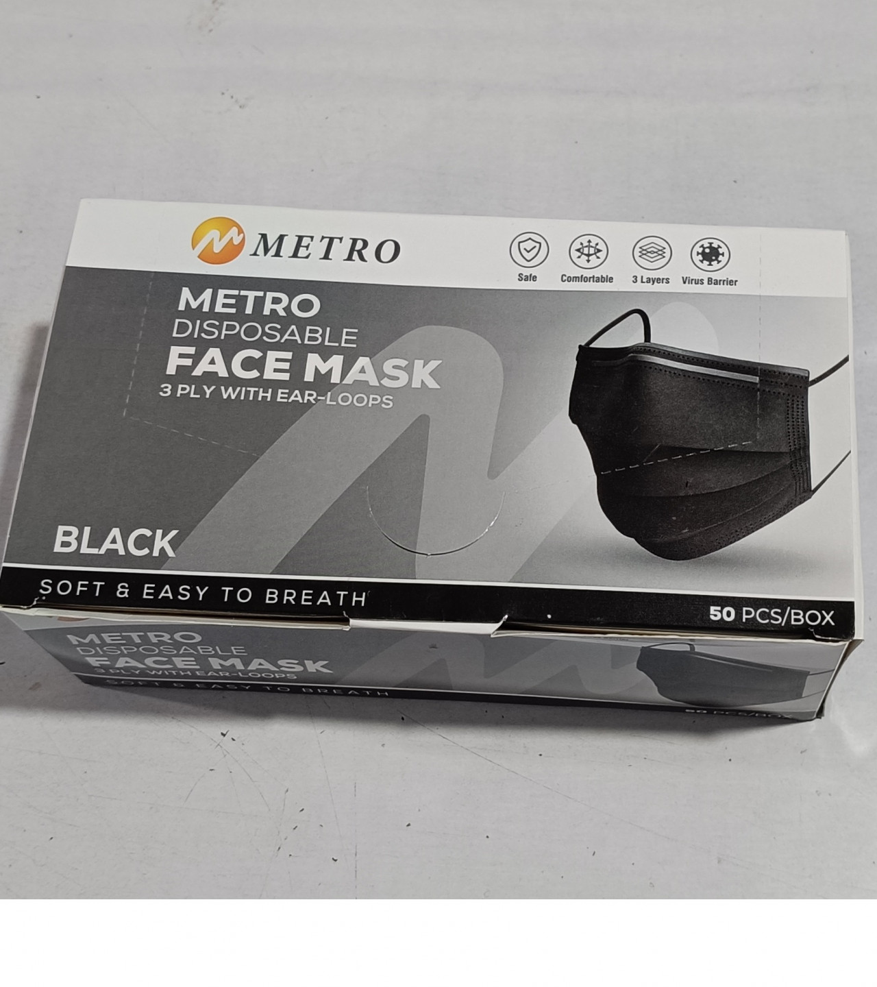 Original China Surgical Disposable Black Face Mask (Metro) 3 Protective Layers with Nose Pin Pack Of 50 Pcs