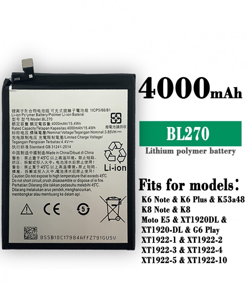 BL270 Battery For Lenovo K6 K8 Note K53a48 Vibe K6 G G5 Plus 4000mAh
