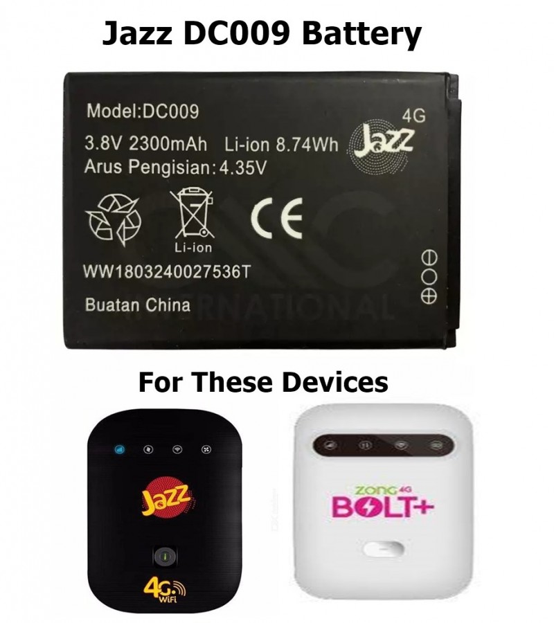 Jazz Super 4G Device MF673 Battery and Zong 4G Bolt Plus Device Battery DC009 with 2300mAh Capacity