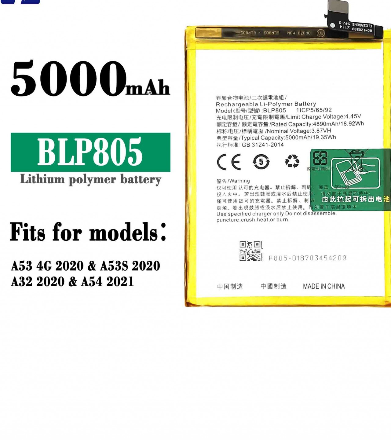 Original BLP805 Battery For OPPO A53 4G A32 A54 A53s Realme C17 Realme 7 / 7 Prime Capacity-5000mAh