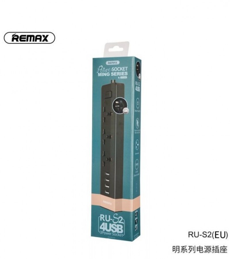 Remax Original RU-S2 Ming Series 3 Power Socket 4 USB Ports Power Strip Adapter Ready Stock