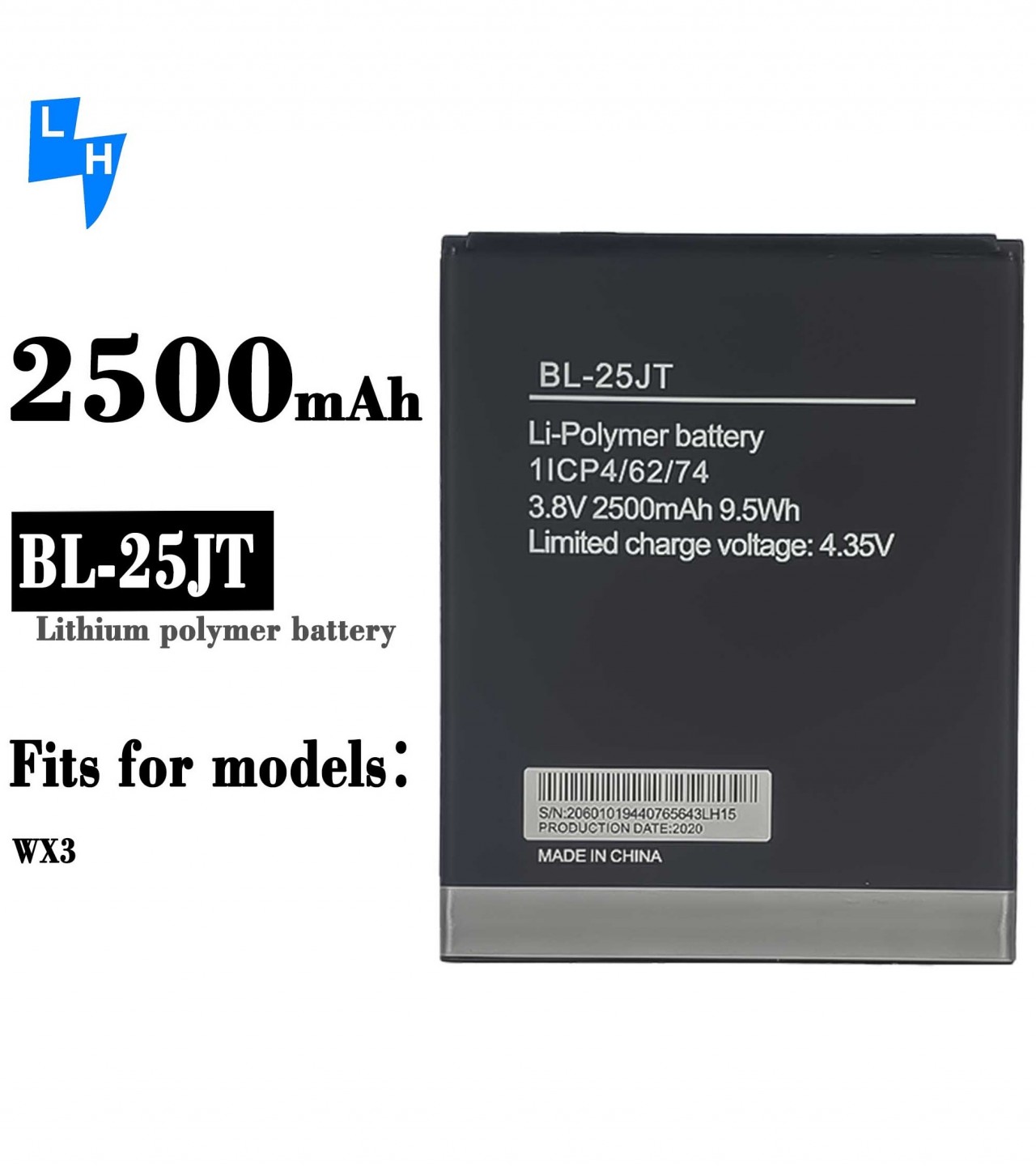 TECNO BL-25JT Battery for Tecno WX3 Battery with 2500mAh Capacity-Black