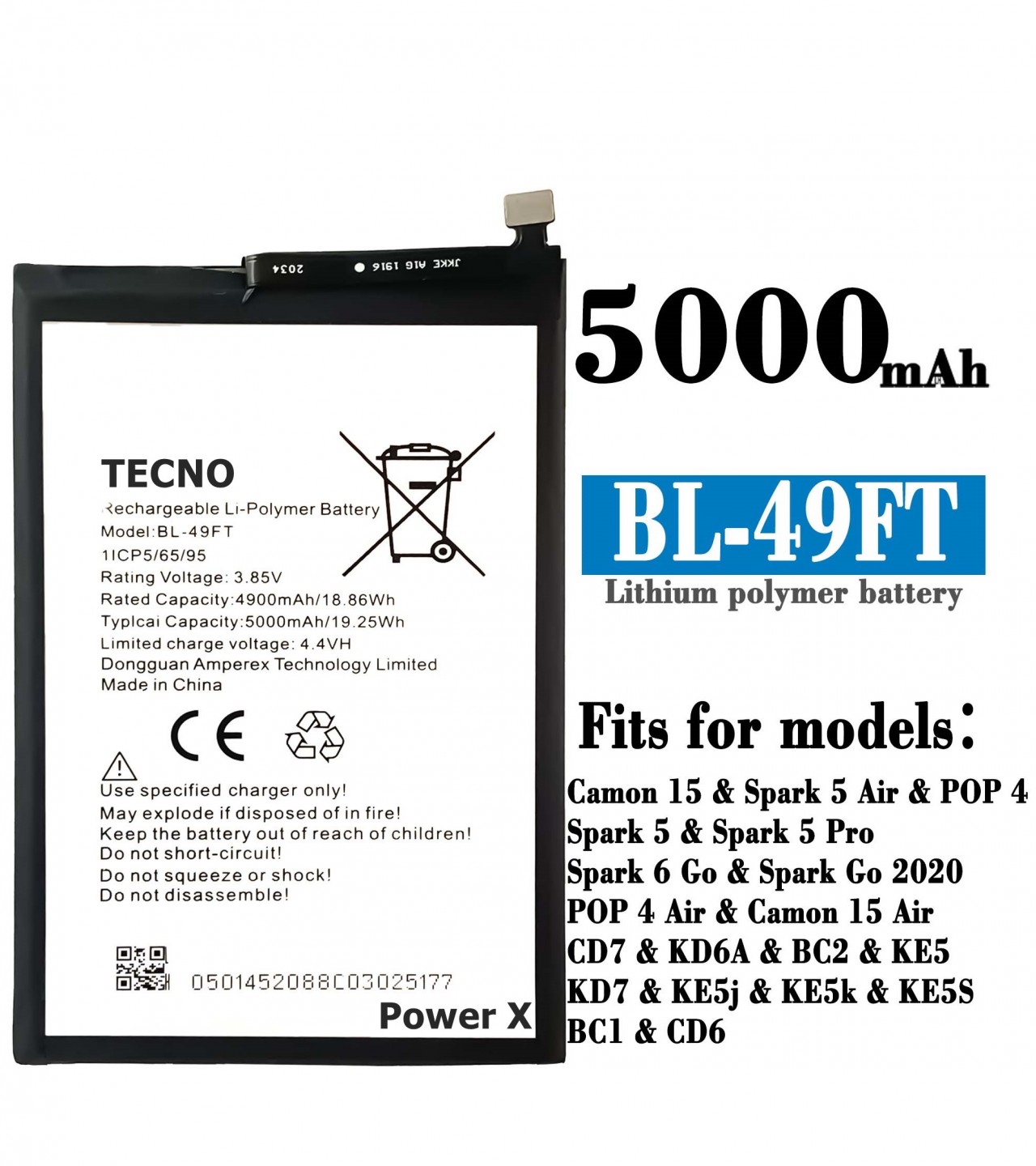 TECNO POP 4 Battery Replacement BL-49FT Battery with 5000mAh Capacity_Silver