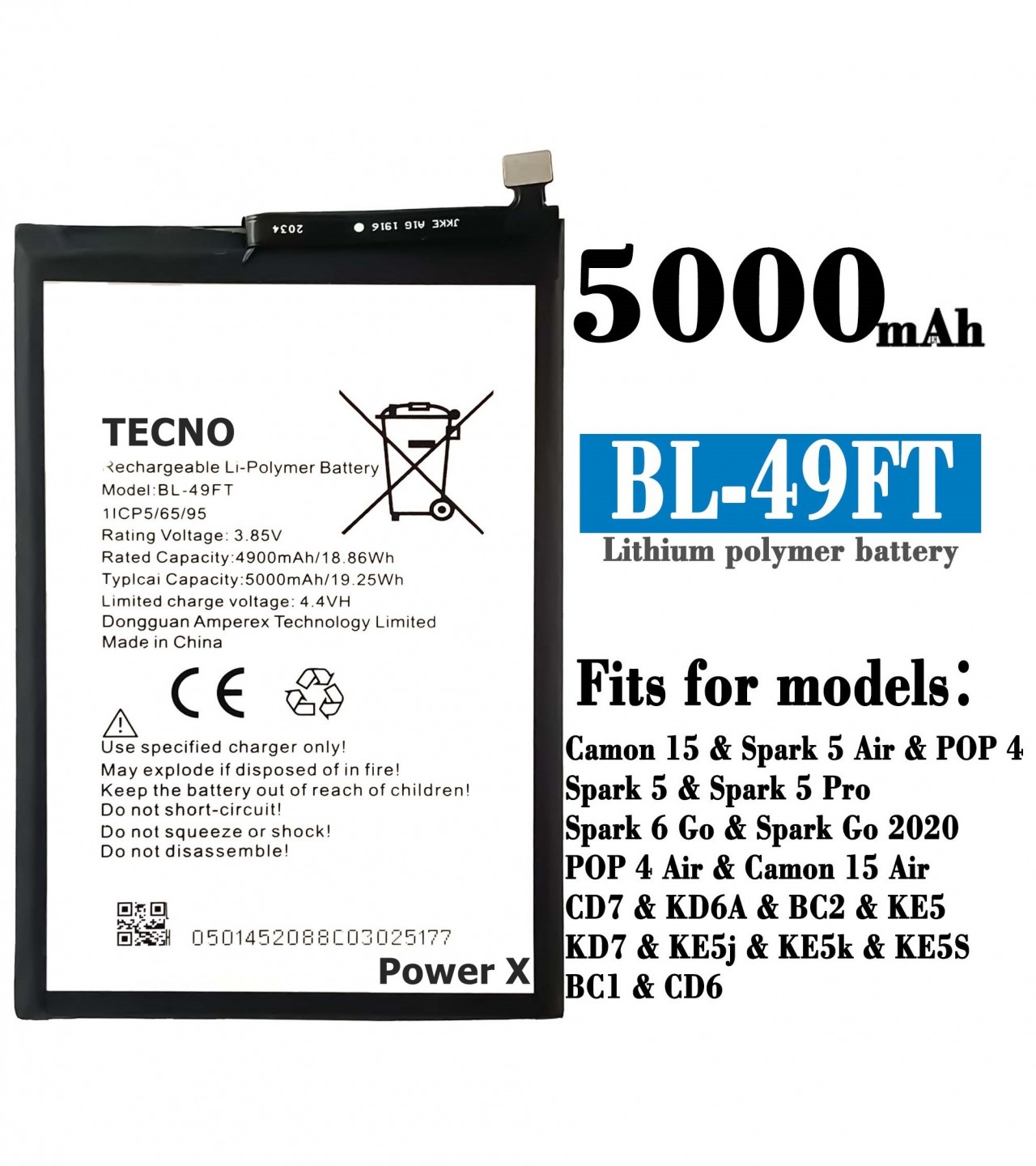 TECNO Spark 5 Battery Replacement BL-49FT Battery with 5000mAh Capacity_Silver