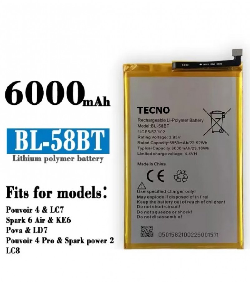 TECNO Spark 6 Air (KE6) Battery Replacement BL-58BT Battery with 6000mAh Capacity_Silver