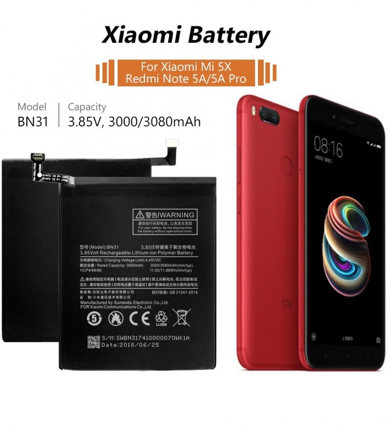 Xiaomi BN31 Battery Replacement For Xiaomi Note 5A/5 Pro/A1/5X Battery With 3080mAh Capacity-Black