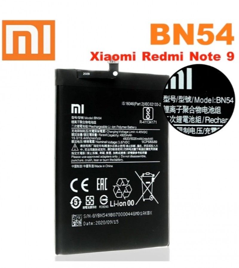 Xiaomi Redmi Note 9 Battery BN54 Battery With 5020mAh Capacity-Black