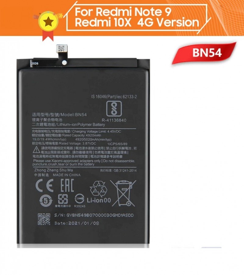 Xiaomi Redmi Note 9 , Redmi 10x 4G Battery Replacement BN54 Battery with 5020mAh Capacity - Black