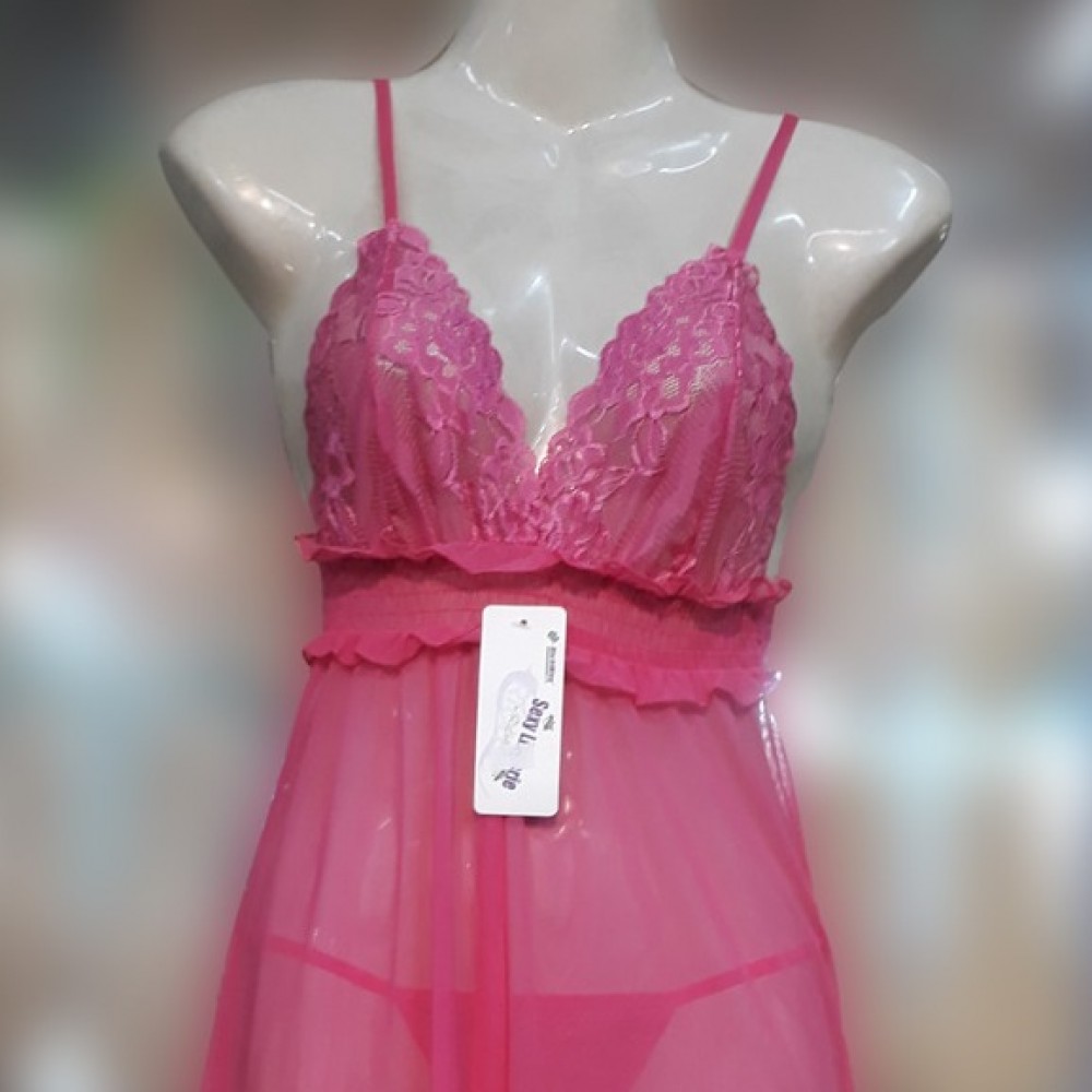 Pink Net Short Nighty And G String Pantie For Women Pink Regular