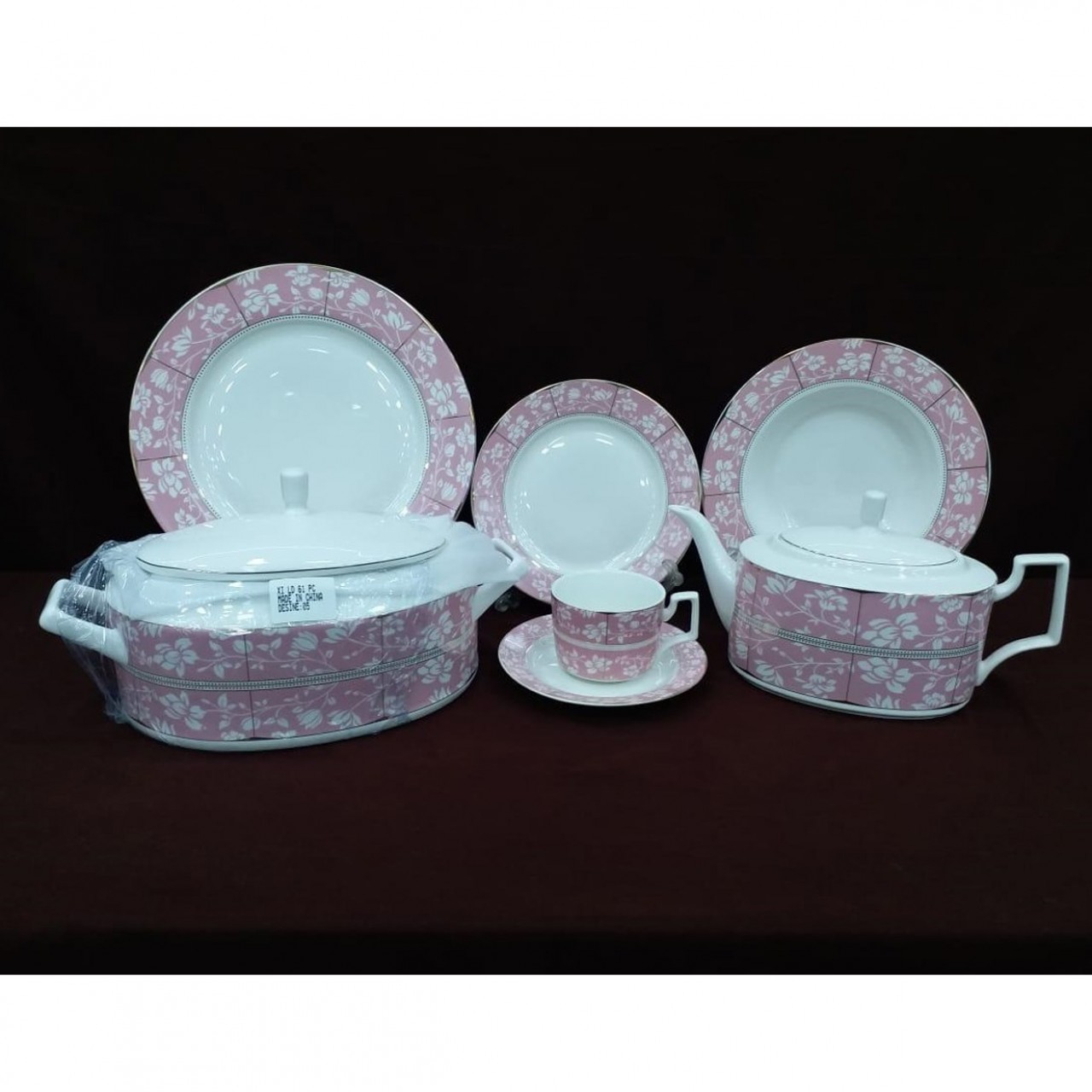 61 Piece Pink Bone China Dinner Set - 8 Person Serving - 21KG