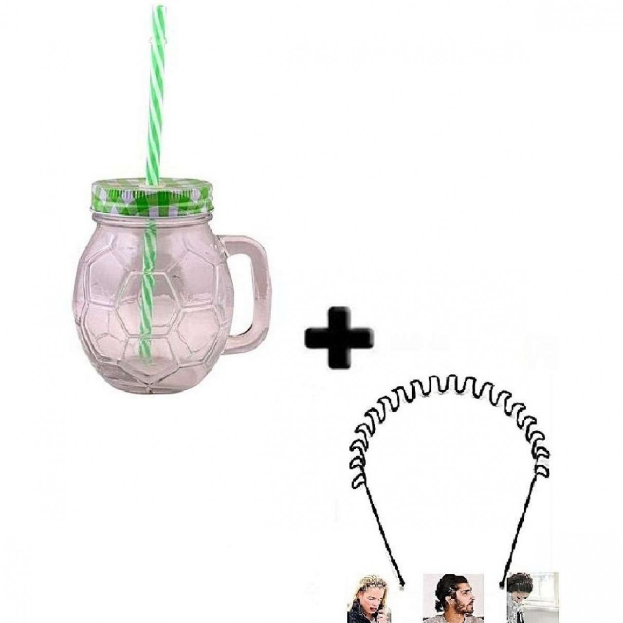 Glass Mason Jars With Handle And Straw - With Zig Zag Hairband - Pack Of 02