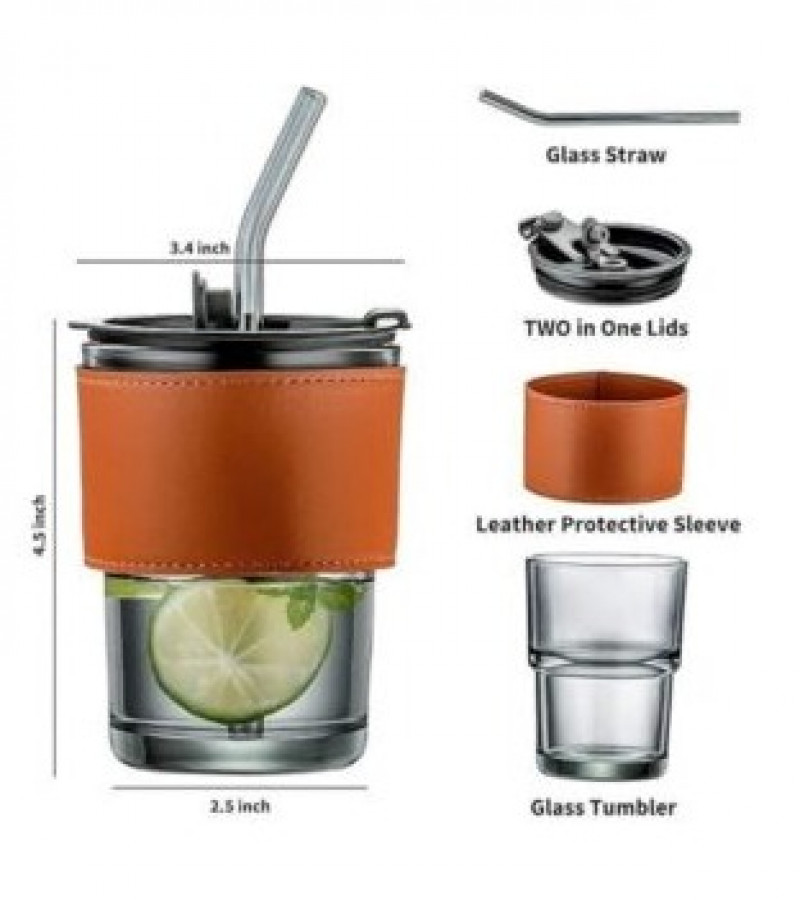 450ml Glass Coffee Mug with Straw & Leather Sleeve Mugs