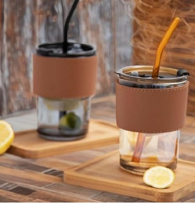 450ml Glass Coffee Mug with Straw & Leather Sleeve Mugs