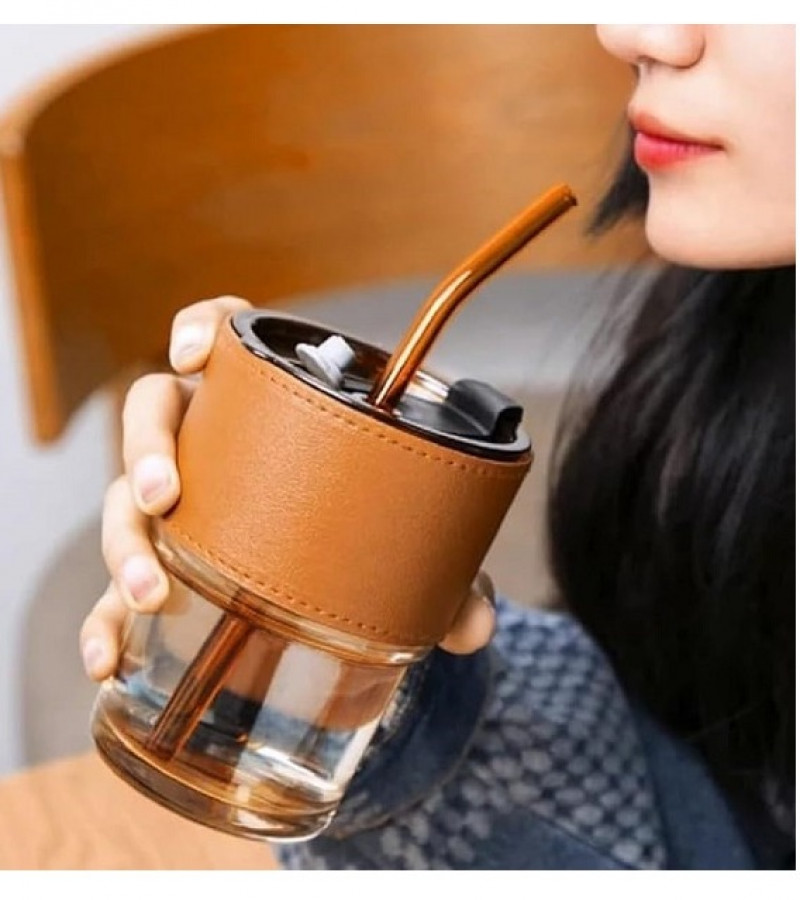 450ml Glass Coffee Mug with Straw & Leather Sleeve Mugs