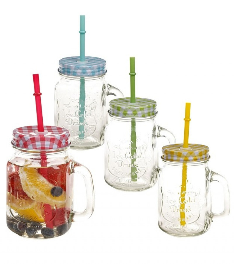 4pcs Mason Glass Jar with Reusable Straw Fruit Juices 450 ml