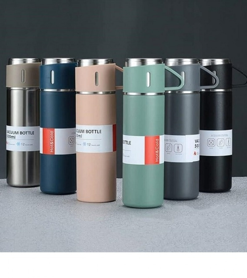 Stainless Steel Thermos 500ml Vacuum Bottle Flask Two Cups Hot & Cold