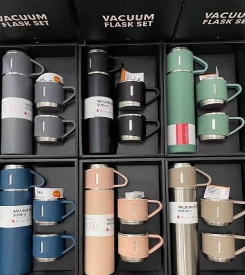Stainless Steel Thermos 500ml Vacuum Bottle Flask Two Cups Hot & Cold