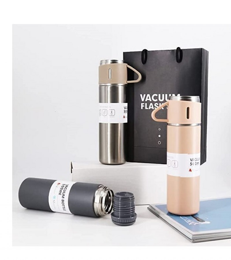 Stainless Steel Thermos 500ml Vacuum Bottle Flask Two Cups Hot & Cold