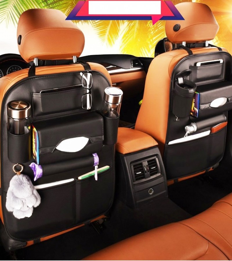 PU Leather Car Back Seat Organizer Storage Tissue Box Bottle Tablet and Holder Pockets - Black