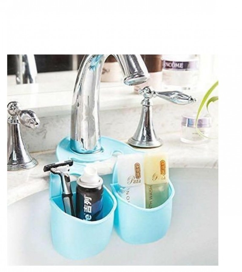 2 Pocket Kitchen Sink Drain Bathroom Hanging Silicon Storage Basket - Blue