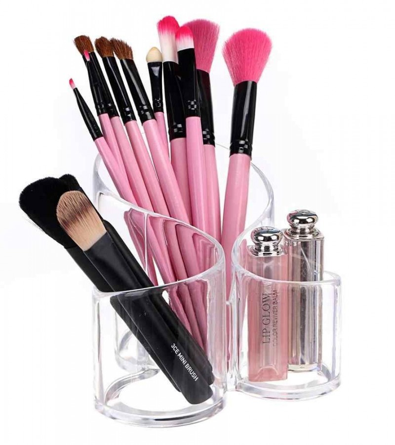 3 Compartments Acrylic Cosmetic Makeup Organizer Transparent Lipstick Brushes Display Stand Holder