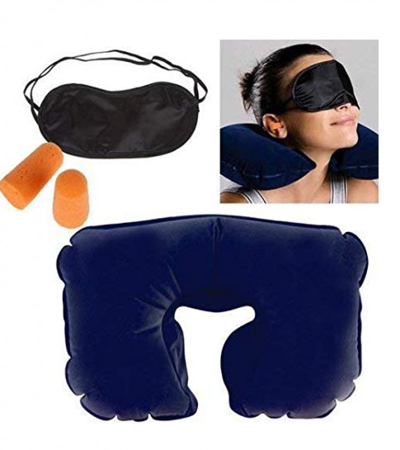3 In 1 Air Travel Kit Combo - Tourist Neck Travel Pillow With Cushion Car-Eye Maks Sleep Rest Shade