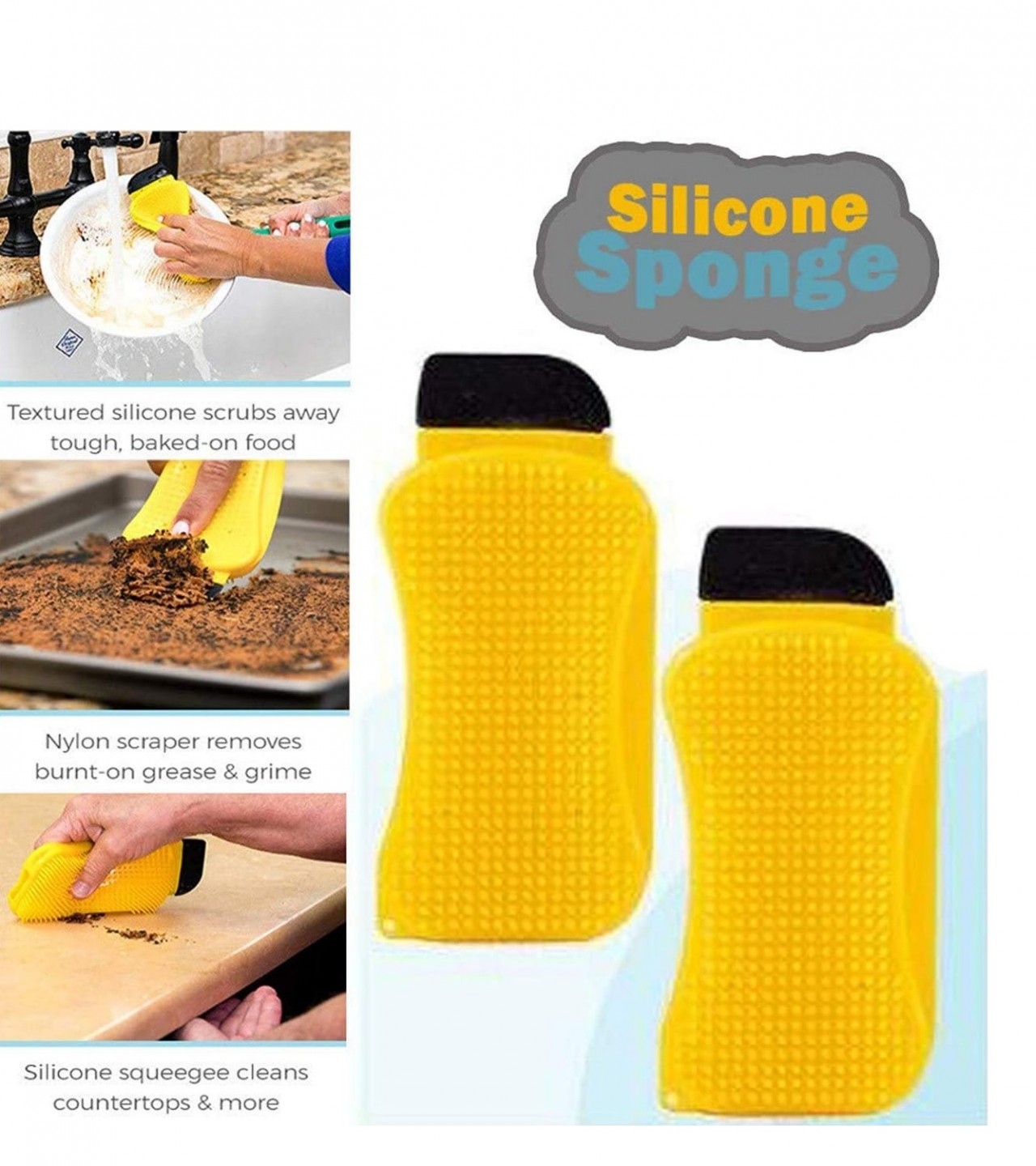 3 In 1 Silicone Sponge Dish Sponge Kitchen Cleaner Scrubber - Yellow