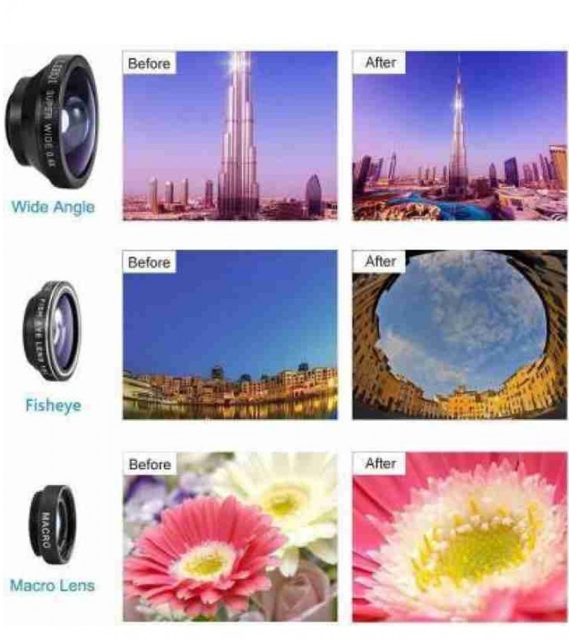 3 In1 Fish Eye Wide Angle Outdoor Macro Camera Clip-on Lens for Universal Cell Phone
