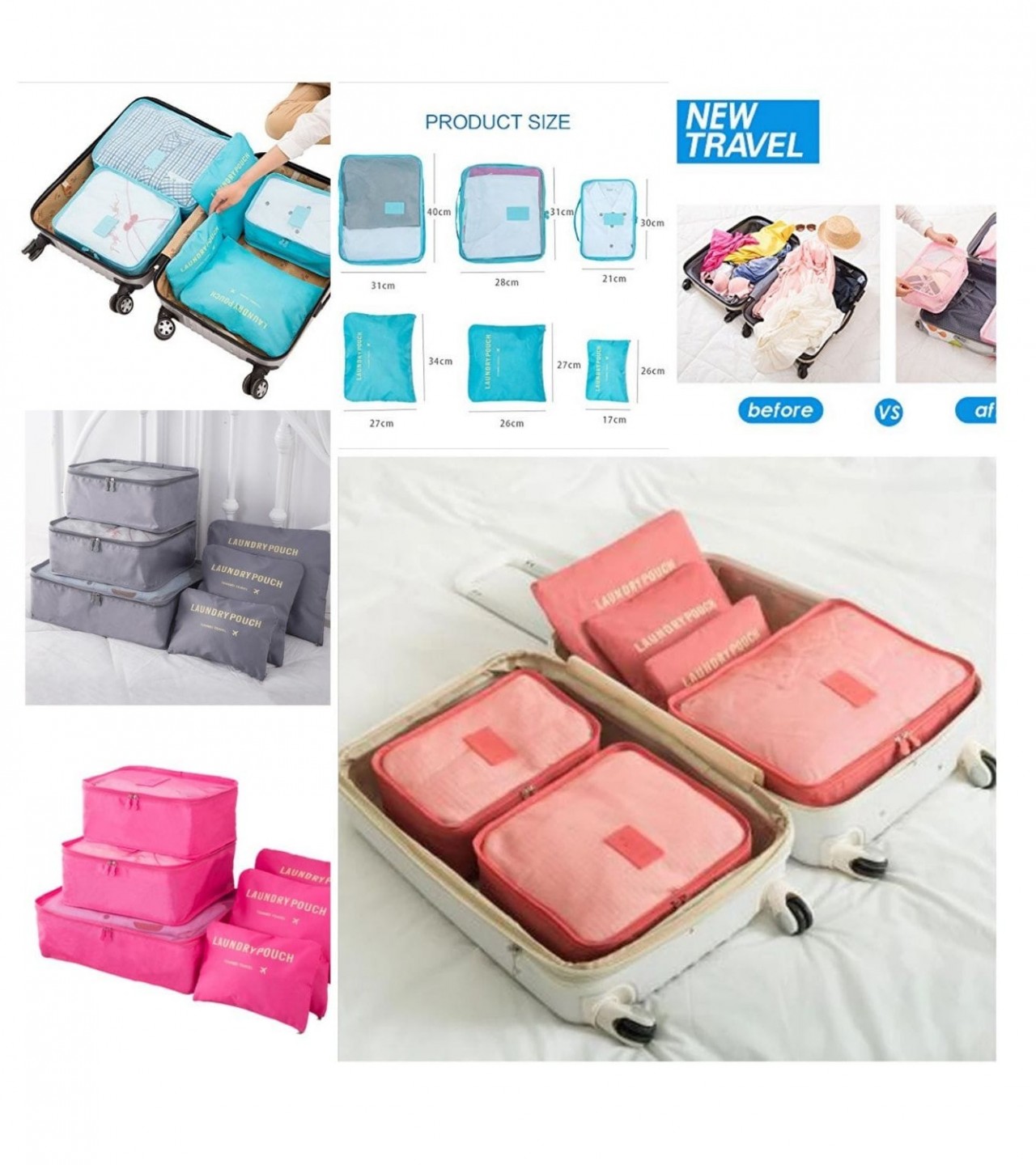 6pcs/Set Travel Storage Bag Portable Luggage Clothes Tidy Pouch Zip Toiletry Organizer - Multi
