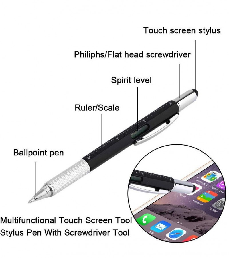 7 in 1 Multifunctional Touch Screen Stylus Ballpoint Pen with Spirit Level Scale Ruler Full Metal