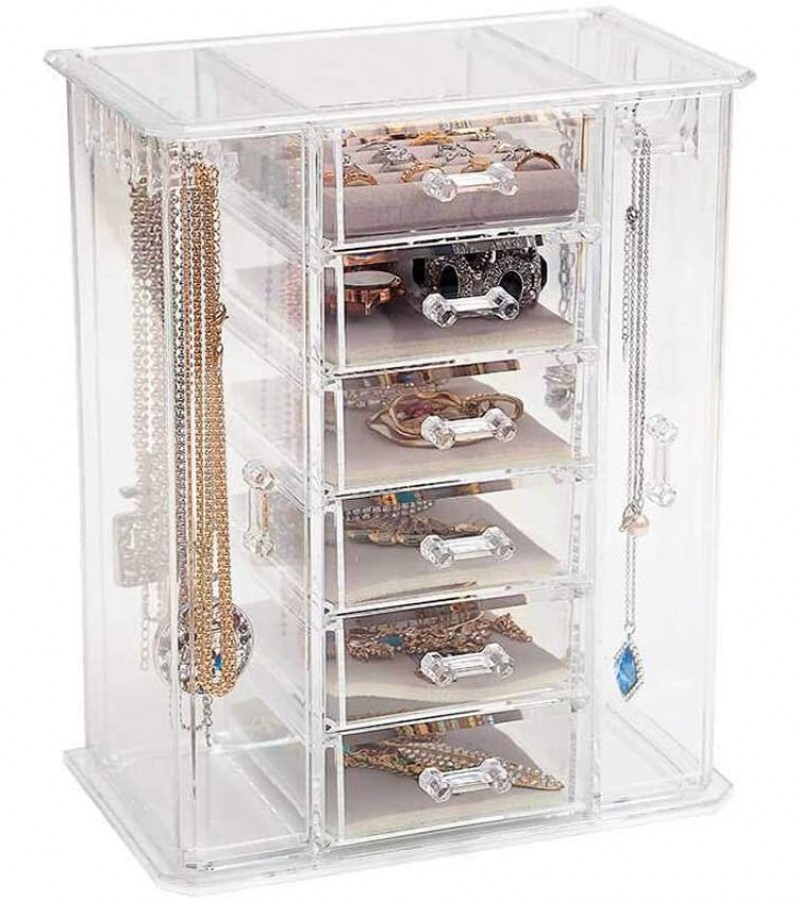 Acrylic Earrings Jewelry Storage Display Stand 6 Drawers 2 Necklace Earring Rack Holder Organizer
