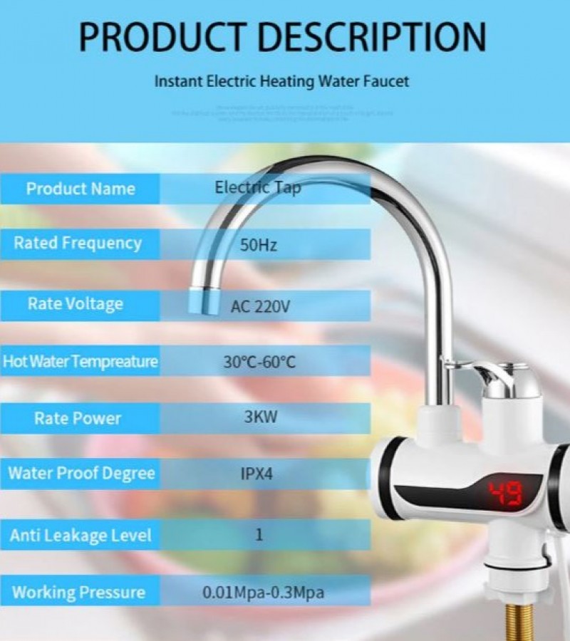 Instant Electric Hot Water Heater Tap Kitchen Bathroom Digital Display with Shower Head Water Geezer