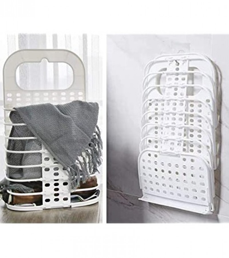 Laundry Basket Bathroom Folding Laundry Hamper Wall Hanging Plastic Large - White