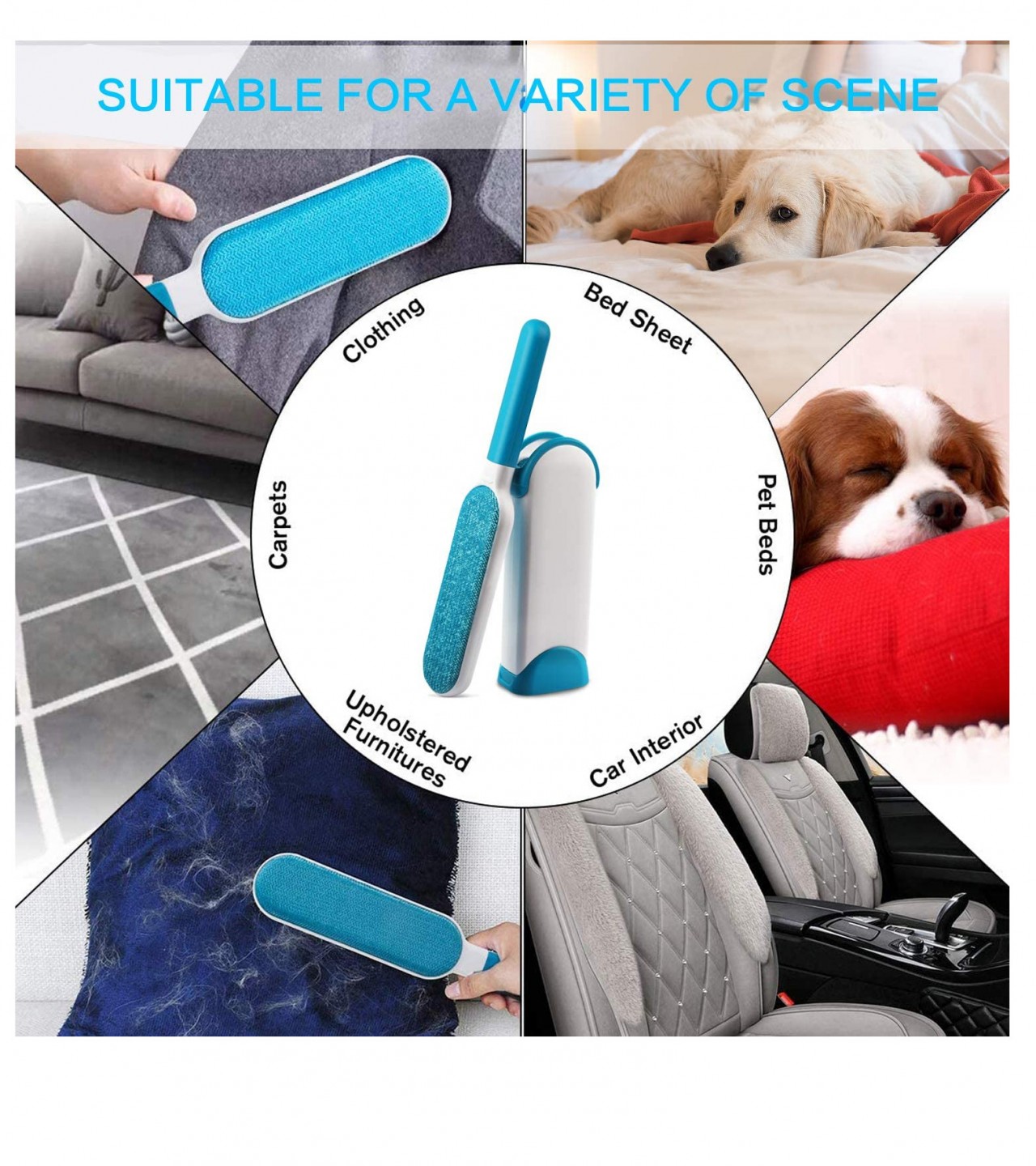 Multifunctional Pet Hair,Fur & Lint,Self-Cleaning Base Dog Cat Carpet Bed Car Cleaning Remover Brush